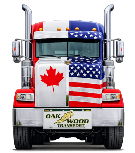 Oakwood Transport truck with Canadian and American flag design